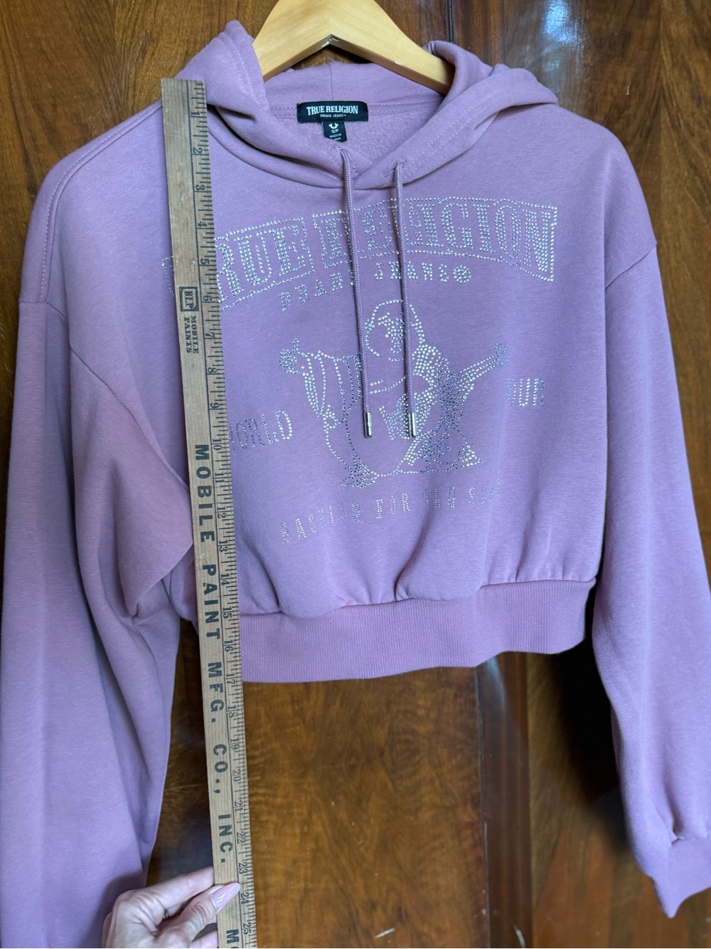 True Religion Dusty Rose Crystal Rhinestone Cropped Pullover Hoodie Shrunken - Picture 9 of 11